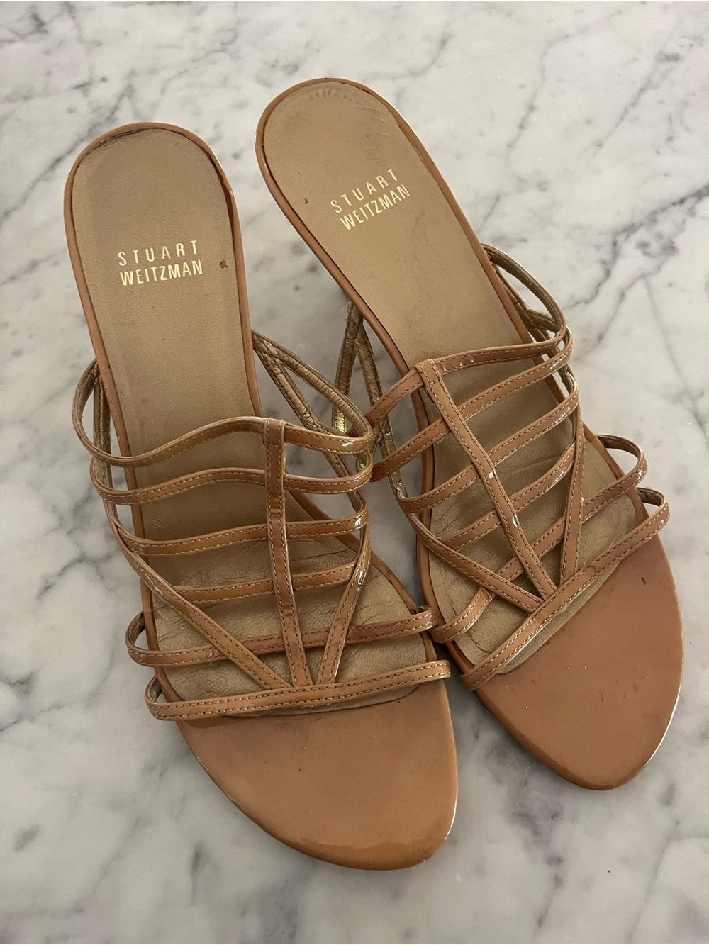 Stuart Weitzman Tan Heeled Sandals with Strappy Design